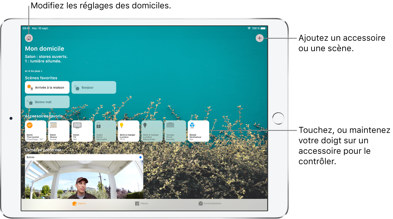 L’onglet Maison. En haut se trouve un résumé de l’état de l’app Maison. En dessous se trouvent les scènes et les accessoires marqués comme favoris. Au bas se trouvent les onglets Pièces et Automatisation.