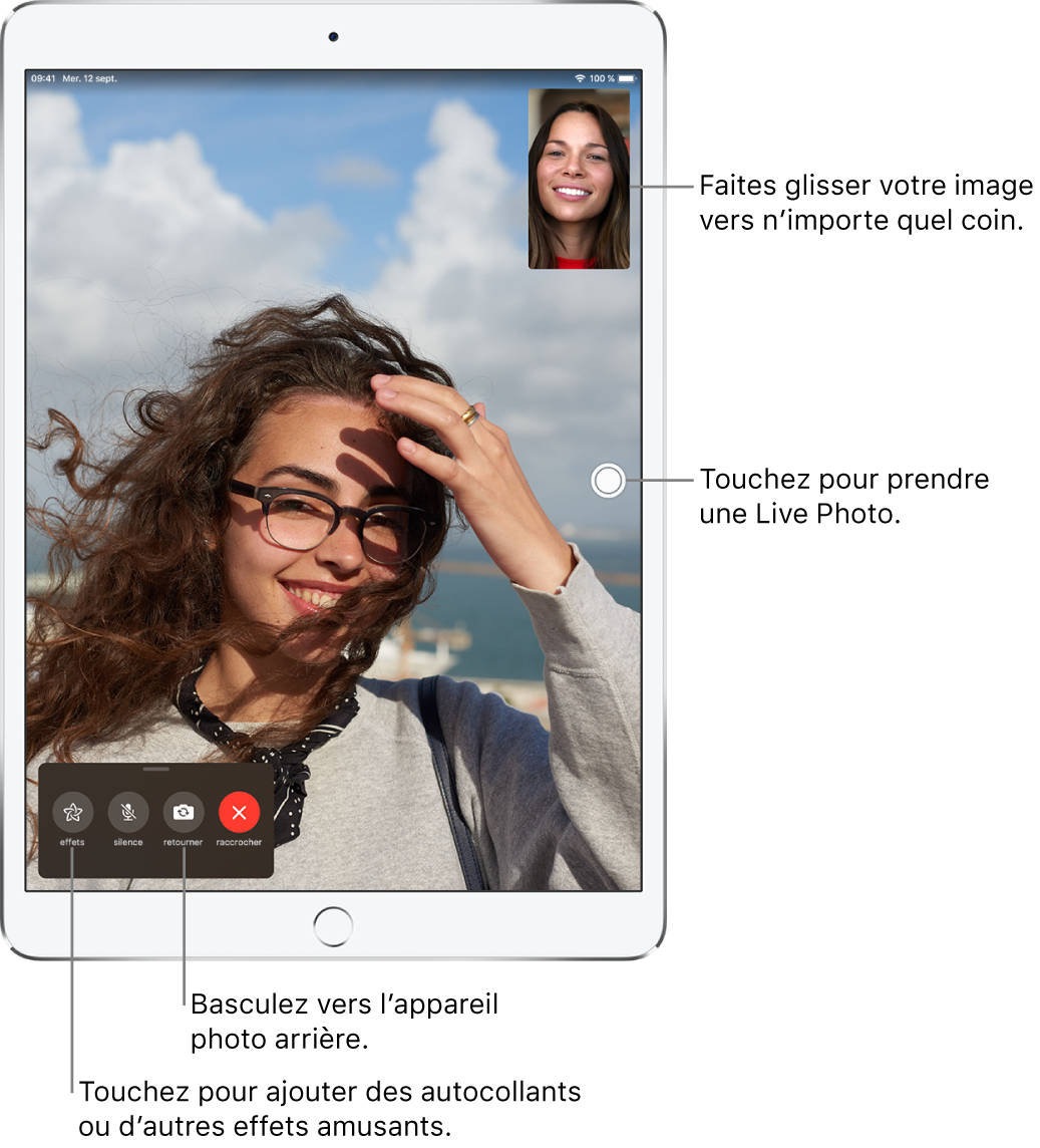 L’écran FaceTime montrant un appel en cours. Votre photo apparaît dans un petit rectangle dans le coin supérieur droit, et celle de l’autre personne occupe le reste de l’écran. Au bas de l’écran se trouvent les boutons Effets, Couper le micro, Retourner et Raccrocher.