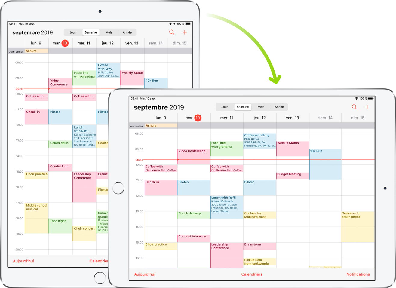 En arrière-plan, l’iPad présente un écran Calendrier en mode portrait ; au premier plan, l’iPad est tourné et affiche l’écran Calendrier en mode paysage.