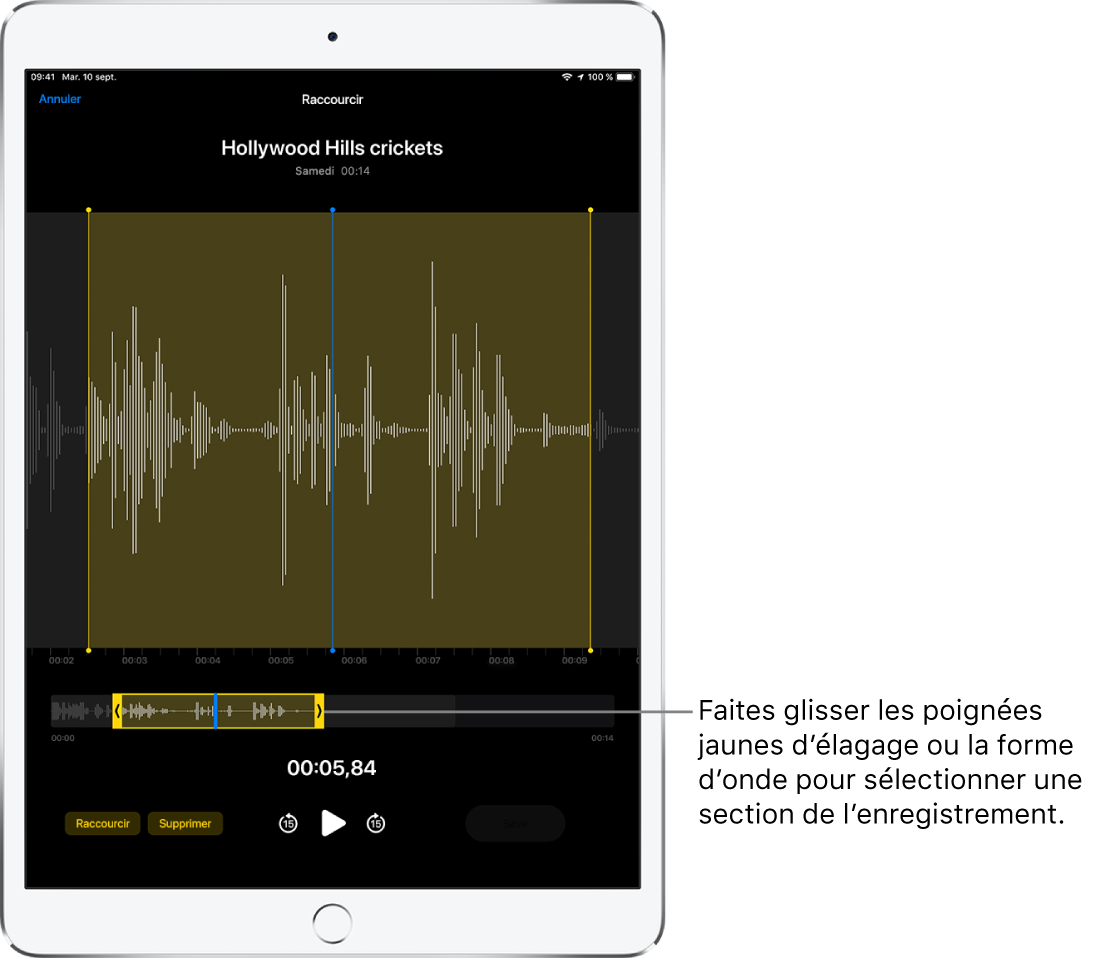 L’enregistrement en cours d’élagage, avec les poignées d’élagage jaunes encadrant une partie de la forme d’onde audio au bas de l’écran. Un bouton Lecture et la durée de l’enregistrement figurent sous la forme d’onde et les poignées d’élagage.