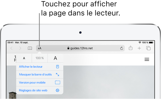 La barre d’outils Safari, avec le bouton Lecteur sur le côté gauche du champ d’adresse.