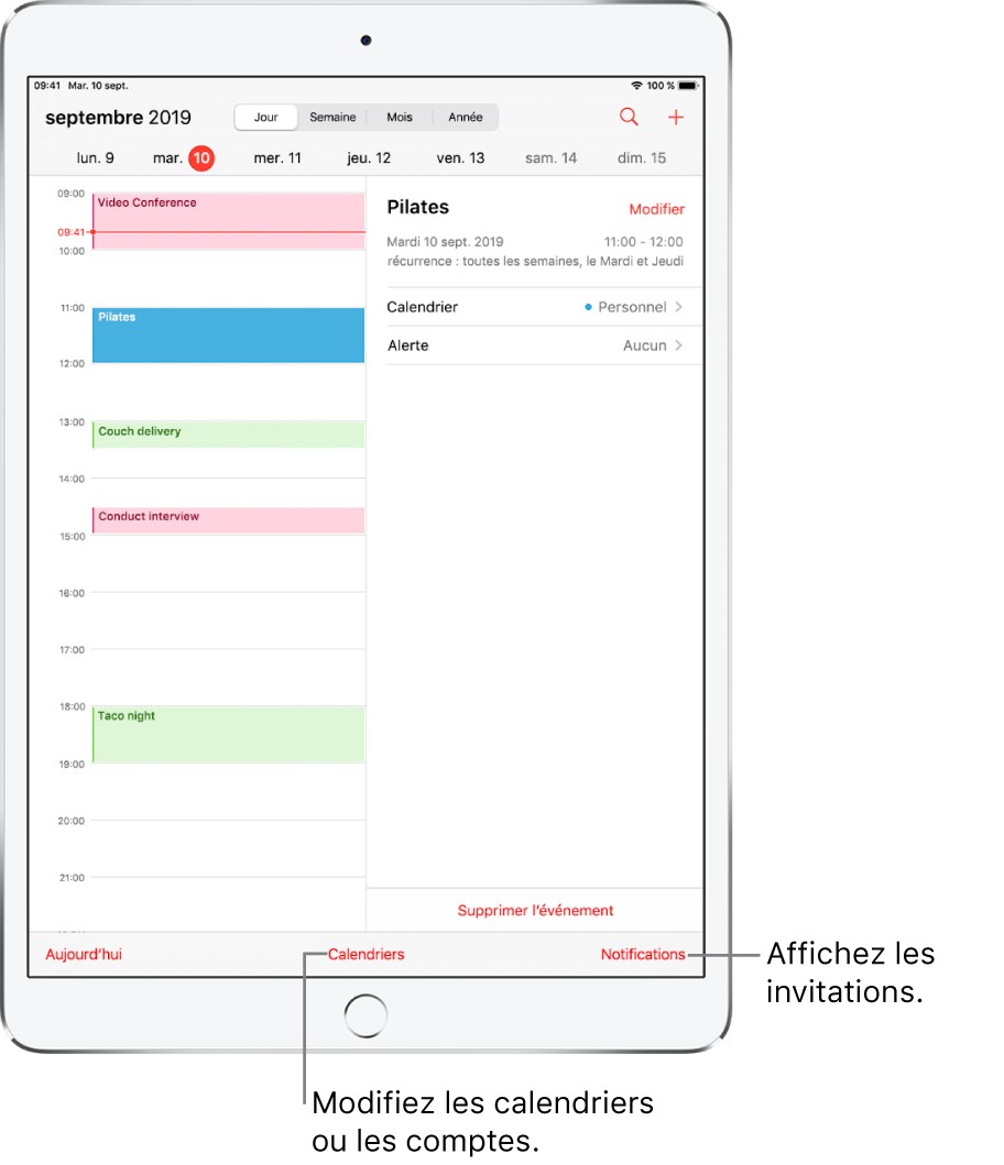 Un calendrier en présentation Jour. Touchez les boutons en haut pour modifier la présentation (Jour, Semaine, Mois et Année). Touchez le bouton Calendriers situé en bas pour changer de calendrier ou de compte. Touchez le bouton Boîte de réception situé en bas à droite pour afficher les invitations.