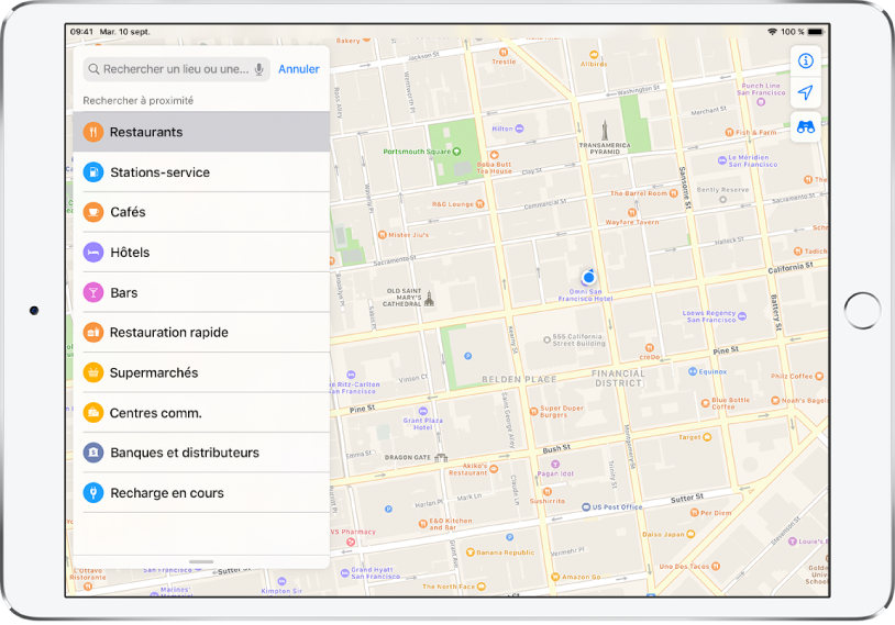 Plan affichant une partie du centre de San Francisco. Sur le côté gauche se trouve une liste d’éléments, dont Restaurants, Cafés et « Restauration rapide » ; Restaurants est sélectionné. Sur le plan, des icônes oranges indiquent des lieux où manger. Les boutons Infos, lieux et 3D s’affichent en haut à droite.