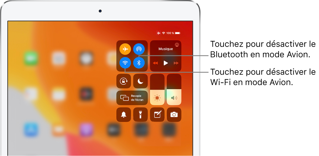 Le Centre de contrôle avec le mode Avion activé et des légendes expliquant que toucher le bouton en bas à gauche dans le groupe de commandes situé en haut à gauche désactive le Wi-Fi, et que toucher le bouton en bas à droite au sein de ce groupe désactive le Bluetooth.