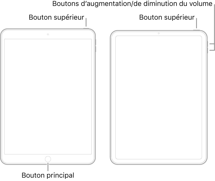 Illustrations de deux types de modèles d’iPad avec l’écran orienté vers le haut. L’illustration de gauche présente un modèle doté d’un bouton principal en bas de l’appareil et d’un bouton supérieur sur le bord supérieur droit de l’appareil. L’illustration de droite présente un modèle dépourvu de bouton principal. Sur ce dernier, les boutons d’augmentation et de diminution du volume sont présents sur le bord droit de l’appareil, près du haut, et un bouton supérieur est présent sur le bord supérieur droit de l’appareil.