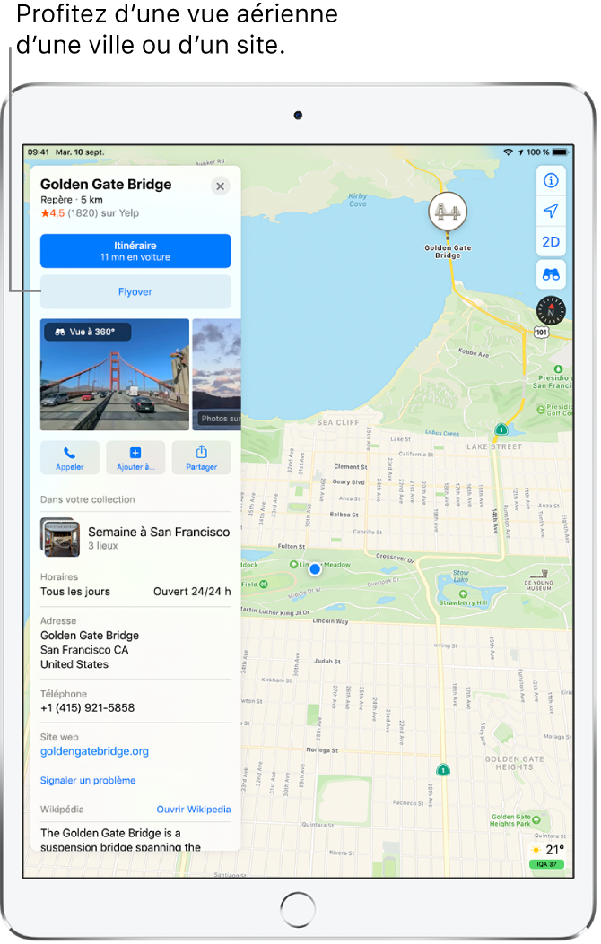 Plan de San Francisco. À gauche de l’écran, une fiche d’informations pour le Golden Gate Bridge montre un bouton Flyover en dessous du bouton Itinéraire.