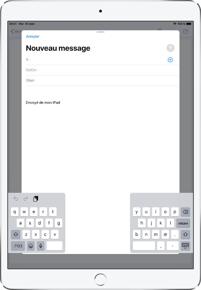 Clavier dissocié détaché du bas de l’écran de l’iPad.