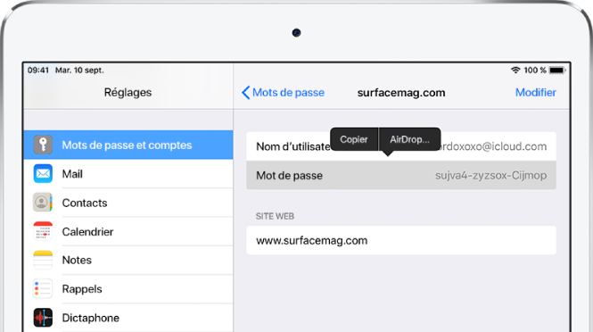 L’écran Mots de passe et comptes pour un site web. La section mot de passe est sélectionnée et un menu comprenant les éléments Copier et AirDrop s’affichent au-dessus.