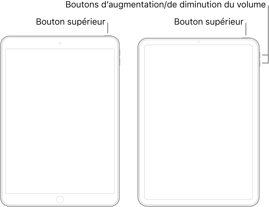 Illustrations de deux types de modèles d’iPad avec l’écran orienté vers le haut. L’illustration de gauche présente un modèle doté d’un bouton principal en bas de l’appareil et d’un bouton supérieur sur le bord supérieur droit de l’appareil. L’illustration de droite présente un modèle dépourvu de bouton principal. Sur ce dernier, les boutons d’augmentation et de diminution du volume sont présents sur le bord droit de l’appareil, près du haut, et un bouton supérieur est présent sur le bord supérieur droit de l’appareil.