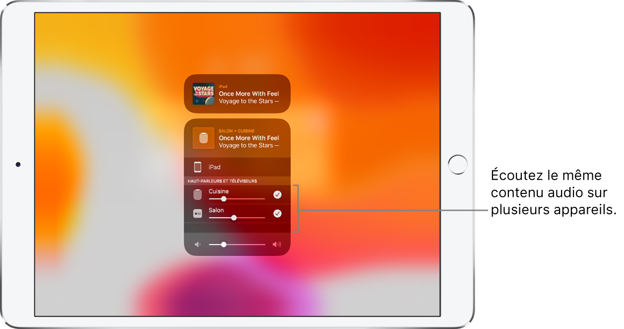 L’écran de l’iPad affichant le HomePod et l’Apple TV comme destinations audio sélectionnées.