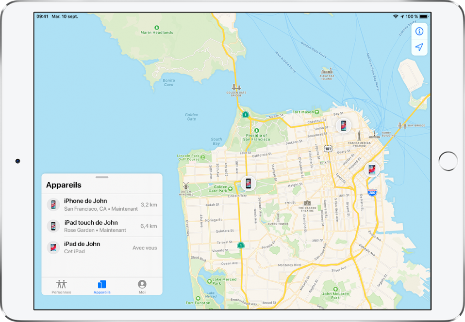 Il y a trois appareils dans la liste Appareils : iPhone de John, iPod touch de John et iPad de John. Leur position est affichée sur un plan de San Francisco.
