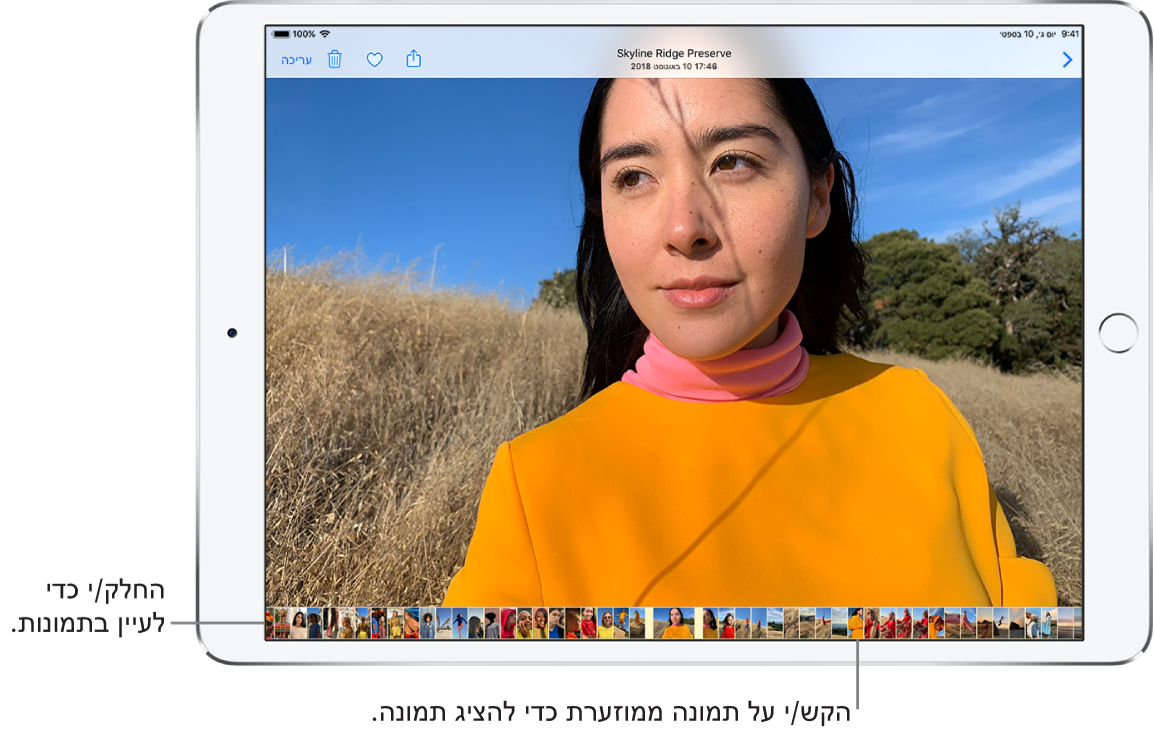 תמונה המוצגת במסך מלא עם תמונות ממוזערות של תמונות אחרות מהספרייה לאורך הקצה התחתון של המסך. מימין למעלה מופיע כפתור ״אחורה״, שמחזיר אותך לעיון. לאורך החלק הימני העליון ניתן לראות את הכפתורים ״שתף״, ״אהבתי״, ״מחק״ ו״ערוך״.