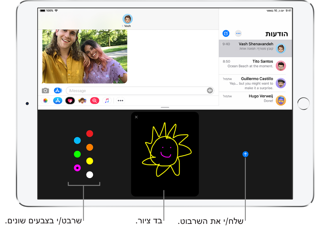 חלון של ״הודעות״, עם המסך של Digital Touch בחלק התחתון. אפשרויות הצבעים נמצאות משמאל, בד הציור במרכז והכפתור ״שלח״ מימין.