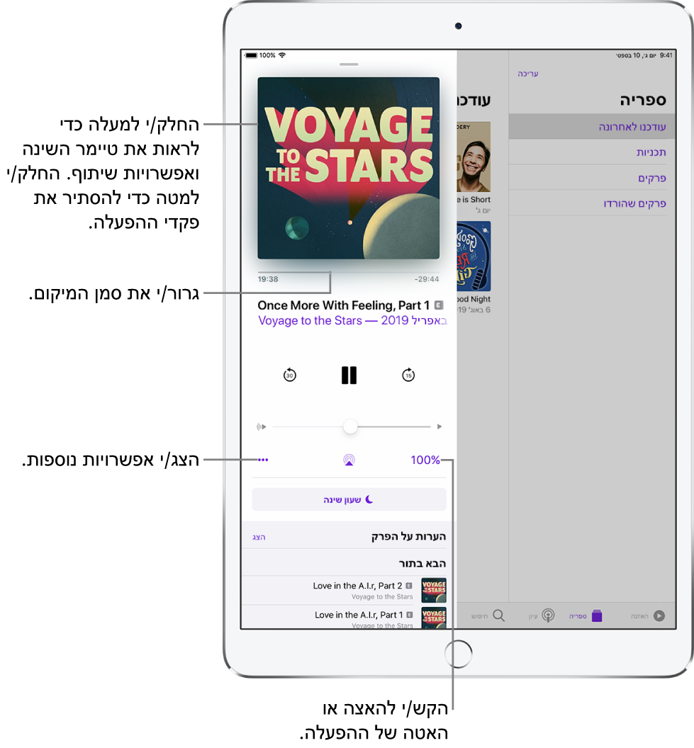 פקדי הפעלת פודקאסט בצדו הימני של המסך. במרכז נמצאים הפקדים להפעלה או השהיה של הפודקאסט. מתחת לו נמצא פקד בקרת עוצמת הקול. בראש המסך ישנו מחוון להעברת הפודקאסט אחורה או קדימה. בפינה השמאלית התחתונה נמצא כלי הבקרה של שינוי מהירות ההפעלה. בפינה השמאלית התחתונה מופיע הכפתור ״עוד״.
