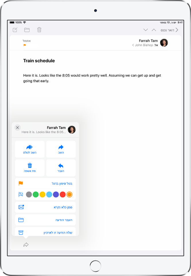 דוא״ל המציג אפשרויות תגובה למטה מימין. מתחת לאפשרויות הללו, נמצאות אפשרויות צבעים לדגלים.