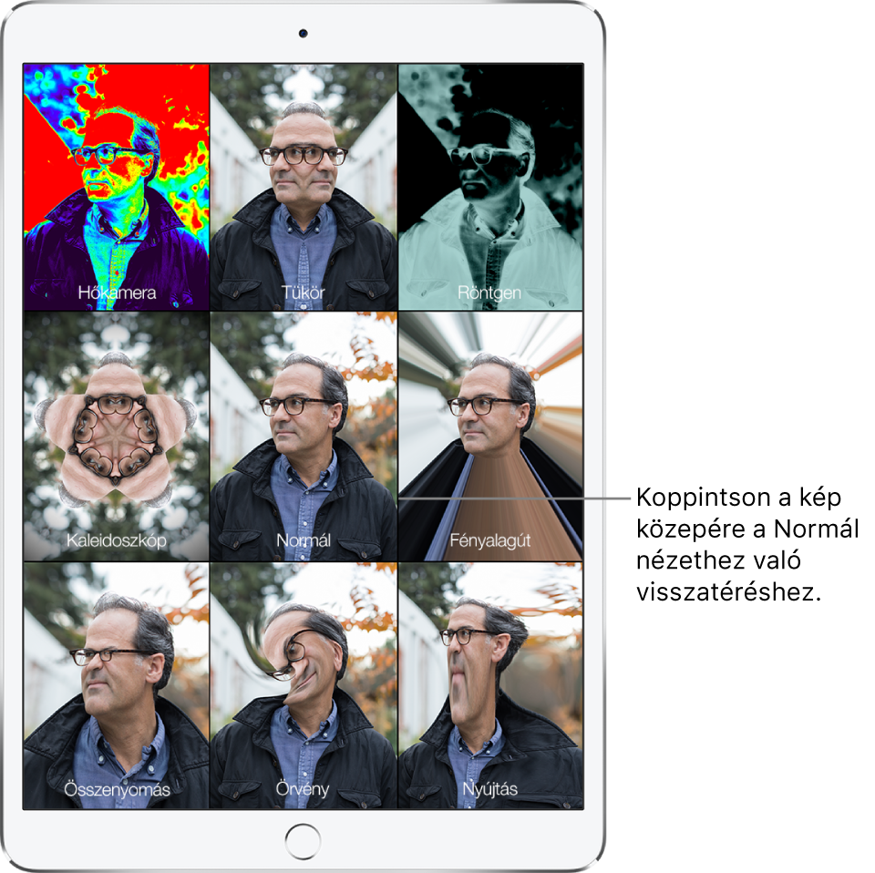A Photo Booth képernyője, amelyen egy férfi arca látható kilenc különböző nézetből, mindegyik mozaikon egy-egy eltérő effektussal. A felső sorban (balról jobbra haladva) a következő effektek láthatók: Hőkamera, Tükör és Röntgen. A középső sorban (balról jobbra haladva) a következő effektek jelennek meg: Kaleidoszkóp, Normál és Fényalagút. Az alsó sor (balról jobbra haladva) a következő effekteket jeleníti meg: Összenyomás, Örvény és Nyújtás.