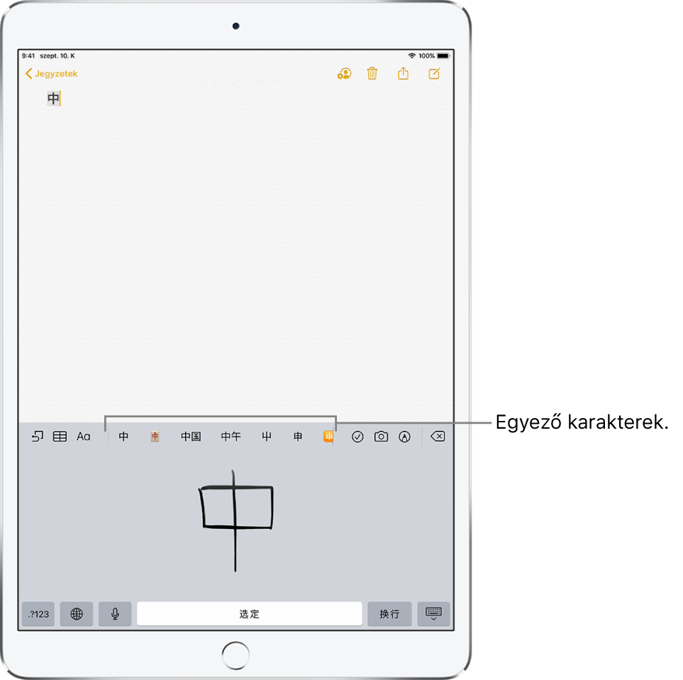 A Jegyzetek alkalmazás az érintőpaddal, amely a képernyő alsó részén található. Az érintőpadon egy kézzel írt egyszerűsített kínai karakter van megadva. Közvetlenül felette az ajánlott karakterek jelennek meg, legfelül pedig a kiválasztott karakter látható a jegyzetben.