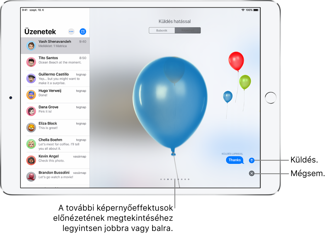 Egy üzenet előnézete lufikat megjelenítő teljes képernyős effektussal.