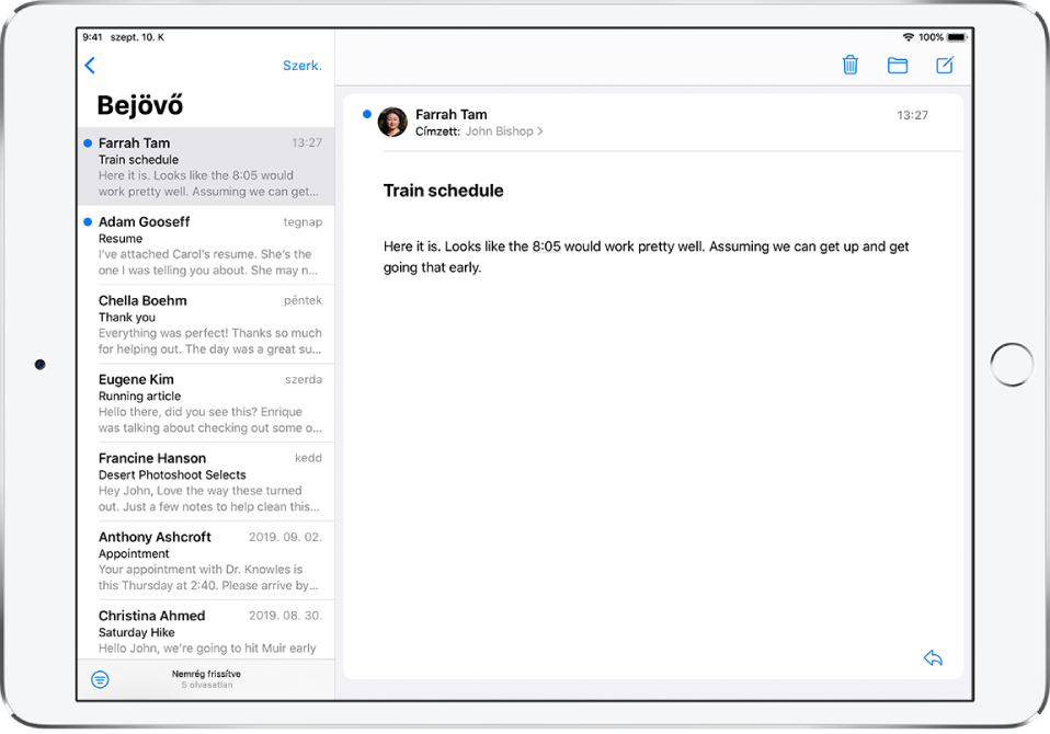 Egy e-mail előnézete a Bejövő postafiókban a küldő nevével, az e-mail küldésének napjával, a tárggyal és az e-mail első két sorával.