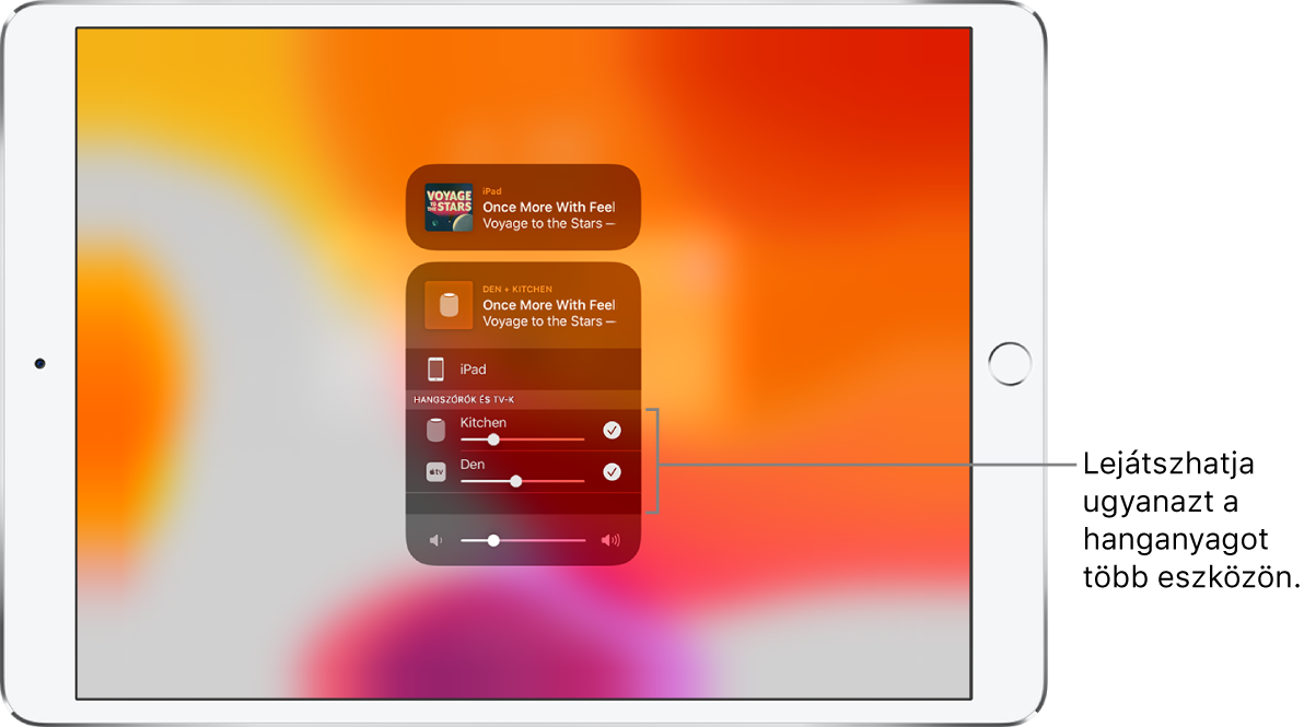 Az iPad képernyője, megjelenítve a HomePodot és az Apple TV-t, mint a hang kiválasztott célhelyeit.