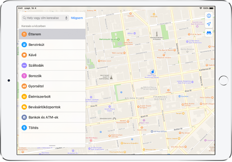 A térképen San Francisco belvárosának egy részlete látható. A bal oldalon különböző listaelemek jelennek meg (pl. Éttermek, Kávézók és Gyorséttermek). Az Éttermek lehetőség van kiválasztva. A térképen narancssárga ikonok jelzik azokat a helyeket, ahol enni lehet. Jobb oldalon az Információ, a helyzet és a 3D gomb látható.
