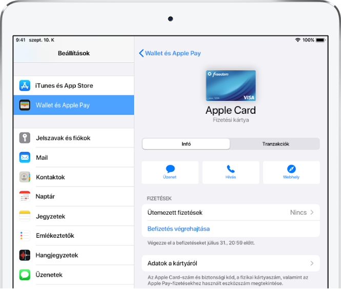 Az Apple Cash-kártya részleteket tartalmazó képernyője, amelynek jobb felső részén az egyenleg látható.