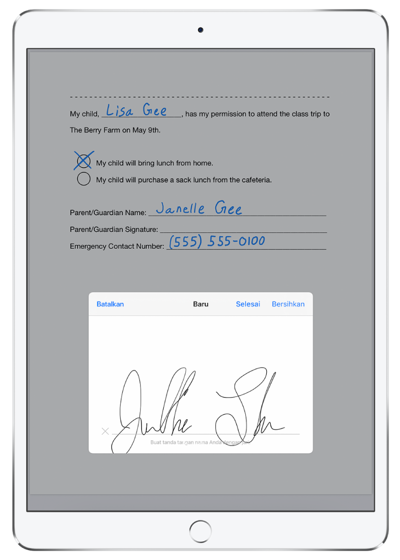 Tanda tangan baru sedang ditambahkan ke PDF menggunakan Apple Pencil. Di belakang jendela tanda tangan baru terdapat slip izin untuk anak mengenai perjalanan kelas.