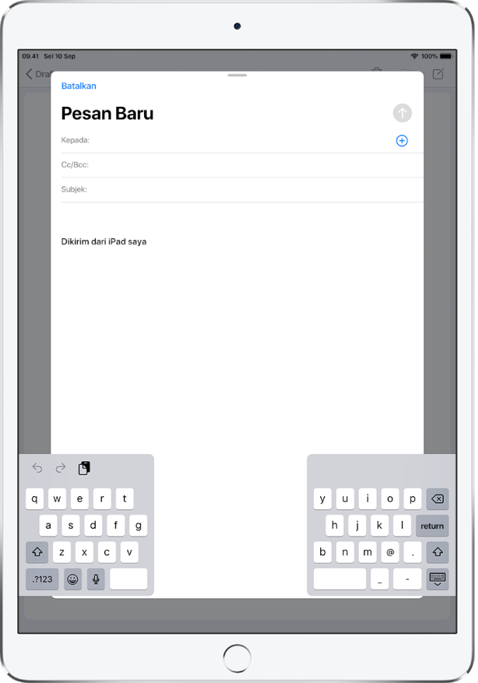 Papan ketik terbagi dilepas—di bagian bawah layar iPad.