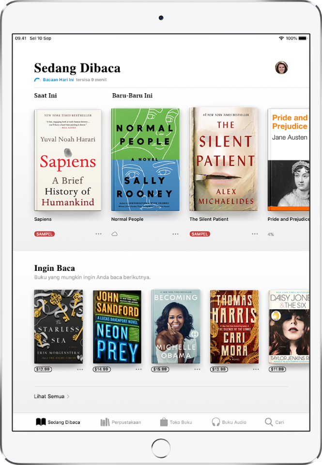 Layar di app Buku. Di bagian bawah layar, dari kiri ke kanan, terdapat tab Sedang Dibaca, Perpustakaan, Toko Buku, Buku Audio, dan Cari—tab Sedang Dibaca dipilih. Di bagian atas layar terdapat bagian Sedang Dibaca, yang menampilkan buku yang sedang dibaca. Di bawahnya terdapat bagian Ingin Baca, yang menampilkan buku yang mungkin ingin Anda baca.