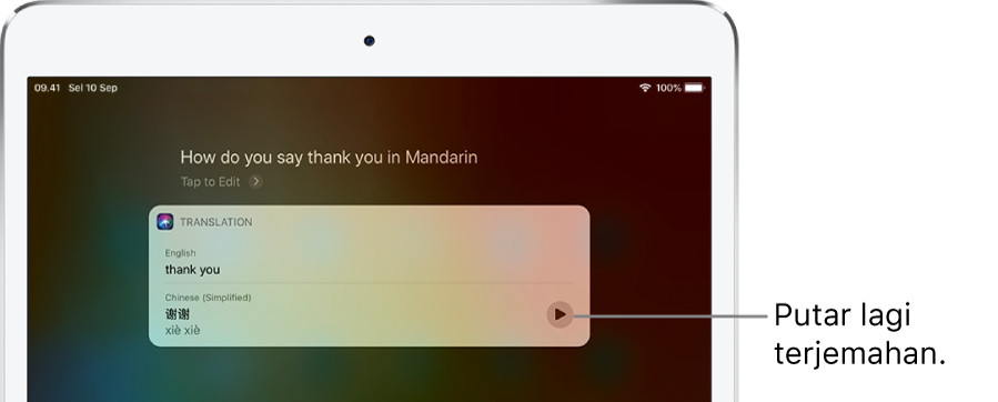 Sebagai respons atas “How do you say thank you in Mandarin?”, Siri menampilkan terjemahan frasa Bahasa Inggris “thank you” ke Mandarin. Tombol di sebelah kanan terjemahan memutar lagi audio terjemahan.
