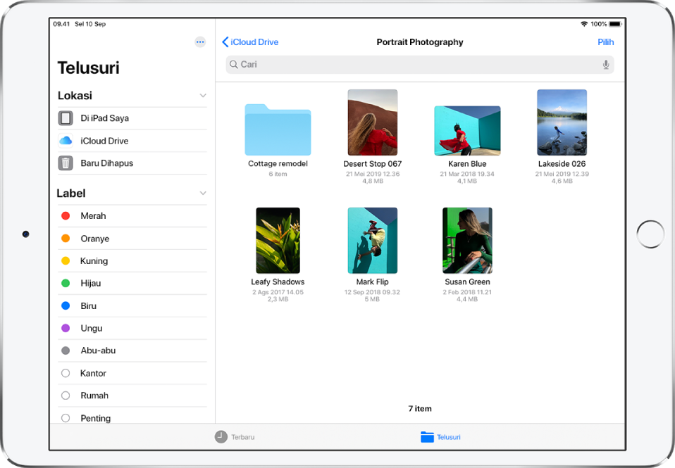 App File dengan bar samping Telusuri di sisi kiri dan folder untuk lokasi iCloud Drive di sisi kanan.