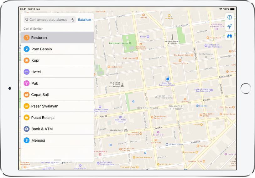 Peta menampilkan sebagian pusat kota San Francisco. Di sebelah kiri terdapat daftar item termasuk Restoran, Kafe, dan Masakan Cepat Saji; Restoran dipilih. Di peta, ikon oranye menandakan tempat untuk makan. Tombol info, lokasi, dan 3D muncul di kanan atas.