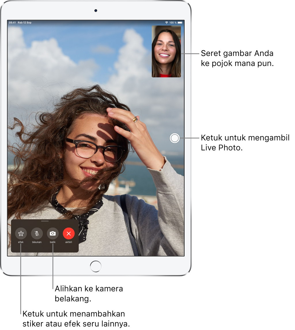 Layar FaceTime menampilkan panggilan yang sedang berlangsung. Gambar Anda muncul di persegi kecil di kanan atas, dan gambar orang lain akan mengisi sisa layar. Di sepanjang bagian bawah layar terdapat tombol Efek, Bisukan, Putar, dan Akhiri.