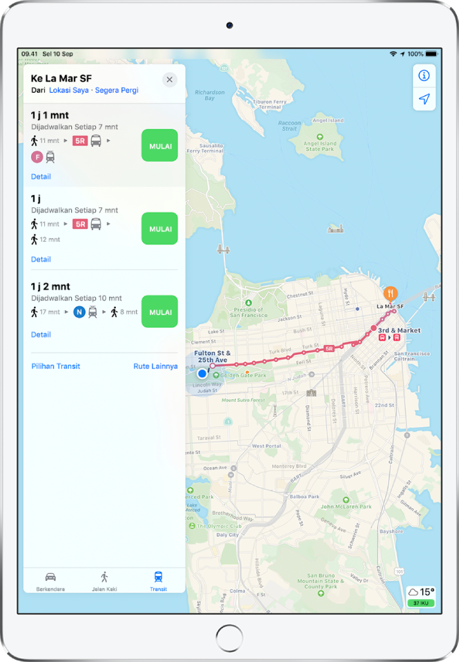 Peta menampilkan rute transit di sepanjang San Francisco. Kartu rute di sebelah kiri mencantumkan tiga kemungkinan rute.