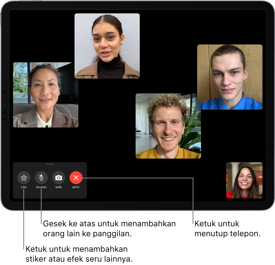 Panggilan FaceTime Grup dengan lima peserta, termasuk pemulai. Setiap peserta muncul di ubin terpisah. Kontrol di kiri bawah layar adalah efek, bisukan, balikkan, dan akhiri.
