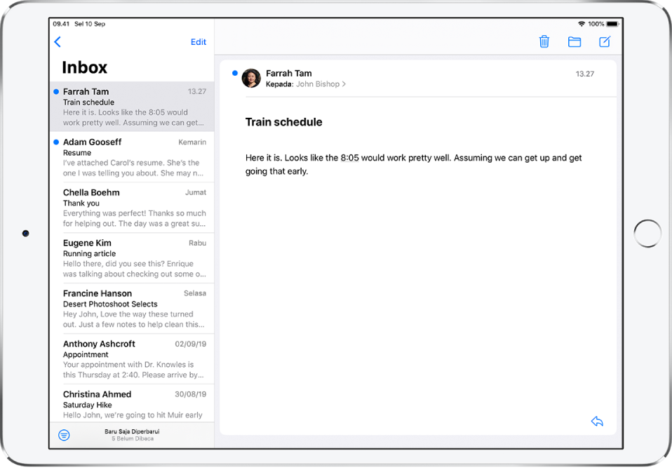 Pratinjau email di Inbox menampilkan nama pengirim, hari pengiriman email, baris subjek, dan dua baris pertama dari email.