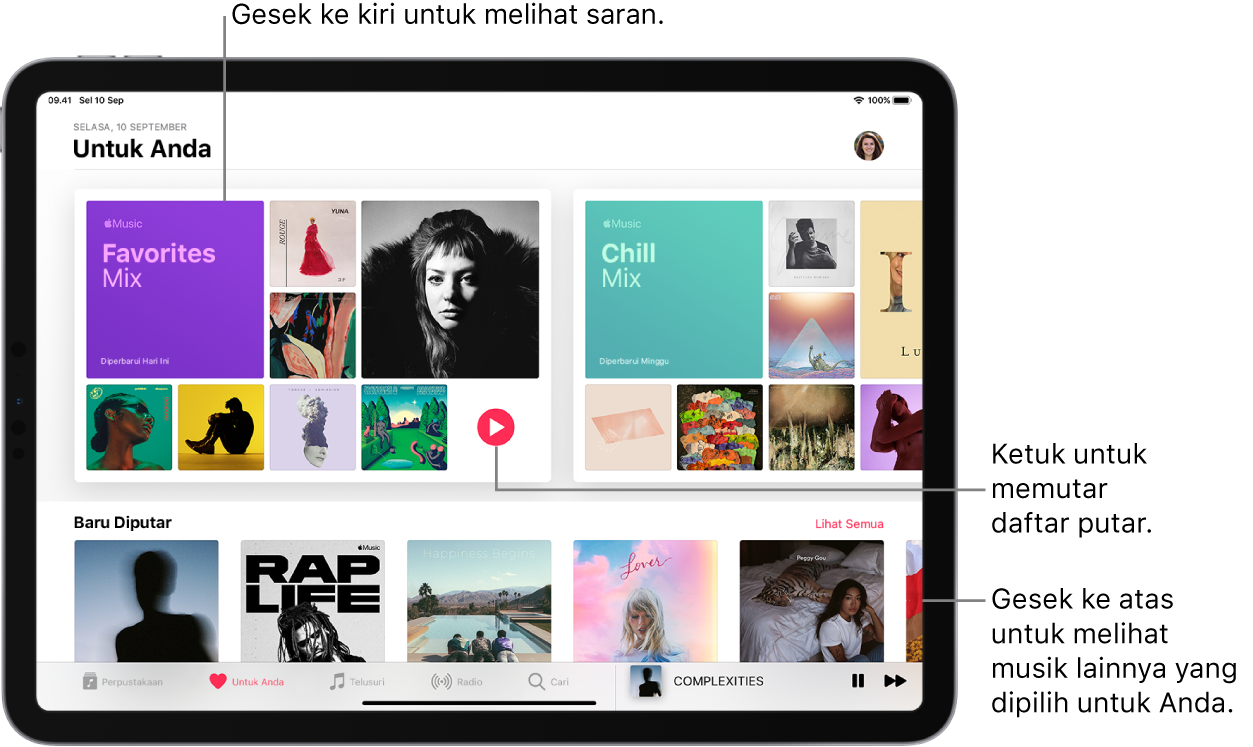 Layar Untuk Anda menampilkan daftar Campuran Favorit dan Campuran Santai di bagian atas. Tombol Putar muncul di kanan bawah daftar putar Campuran Favorit. Di bawahnya terdapat bagian Baru Diputar, menampilkan lima album.