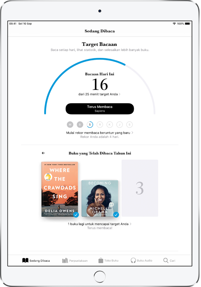 Bagian Target Bacaan di Sedang Dibaca. Penghitung bacaan menampilkan bahwa 10 menit dari target 20 menit telah diselesaikan. Di bawah penghitung terdapat tombol Terus Membaca, dan lingkaran yang menampilkan hari dalam seminggu, Minggu hingga Sabtu. Lingkaran untuk Minggu dan Senin berwarna biru, yang menandakan target membaca telah diraih. Lingkaran untuk Selesai berkerangka setengah di sekitar lingkaran, yang menandakan kemajuan untuk hari tersebut. Lingkaran untuk Rabu hingga Sabtu berwarna abu-abu. Di bagian tengah layar menampilkan Buku yang Dibaca Tahun Ini. Tiga persegi, yang menandakan target membaca tiga buku. Sampul buku mengisi satu persegi, yang menandakan satu buku yang dibaca untuk tahun tersebut.