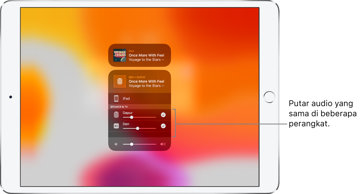 Layar iPad menampilkan HomePod dan Apple TV sebagai tujuan audio yang dipilih.