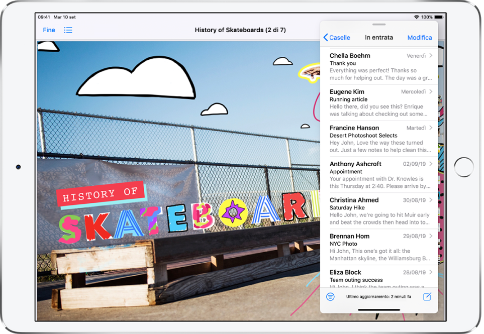 Un'app di grafica riempie lo schermo. Mail è aperta in una finestra Slide Over sul lato destro dello schermo.