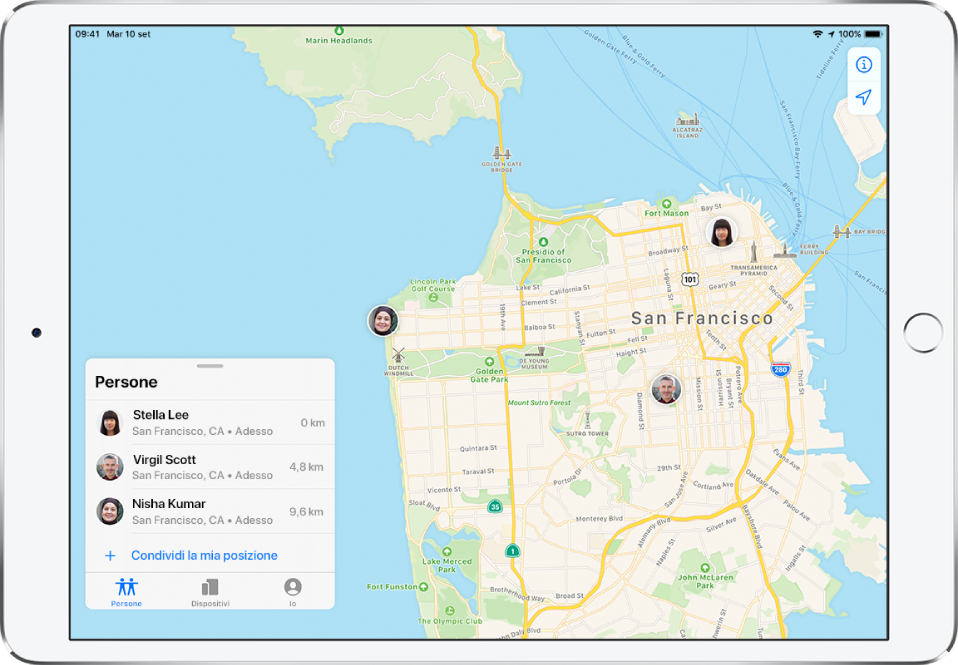 L’elenco Persone include tre amici: Valentino Scotti, Stella Larini e Nadia Casini. Le loro posizioni sono mostrate sulla mappa di San Francisco.