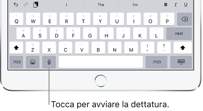 La tastiera su schermo che mostra il pulsante Detta (a destra della barra spaziatrice), che puoi toccare per iniziare a dettare del testo.