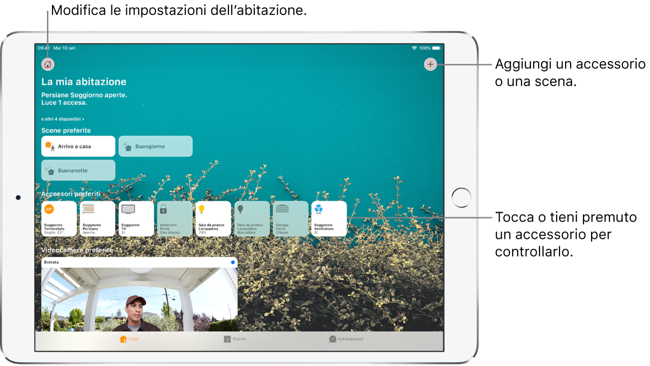Il pannello Casa. In alto viene mostrato un riepilogo dello stato dell'abitazione. Sotto sono mostrati gli scenari e gli accessori selezionati come preferiti. In basso sono presenti i pannelli Stanze e Automazione.