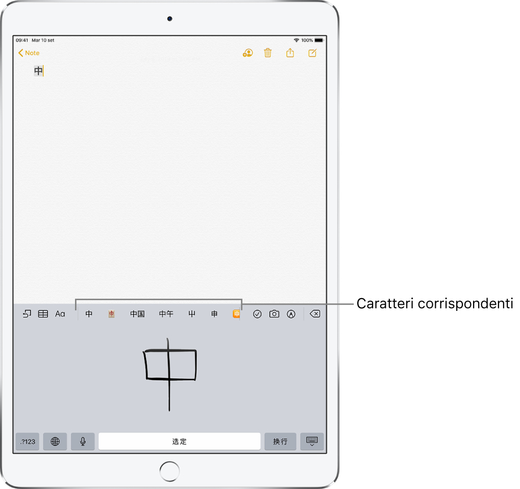 L'app Note con il touchpad visualizzato nella metà inferiore dello schermo. Nel touchpad è presente un carattere scritto a mano in cinese semplificato. I caratteri suggeriti sono subito sopra, e il carattere scelto viene visualizzato in alto nella nota.