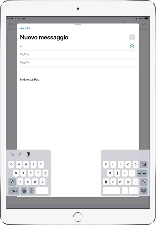 Tastiera suddivisa disancorata e nella parte inferiore dello schermo di iPad.