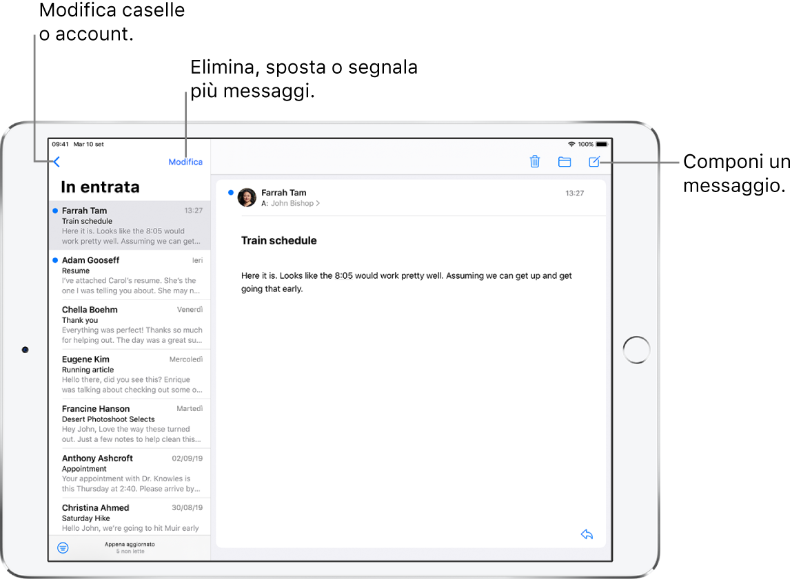 La casella Entrata di Mail con un elenco di e-mail sulla sinistra e un thread di e-mail aperto sulla destra. Il pulsante Caselle, nell’angolo in alto a sinistra, per passare a un’altra casella. Nell’angolo in basso a sinistra, il pulsante per filtrare le e-mail, in modo che vengano mostrati soltanto determinati tipi di e-mail. Il pulsante per comporre una nuova e-mail si trova nell'angolo in alto a destra.