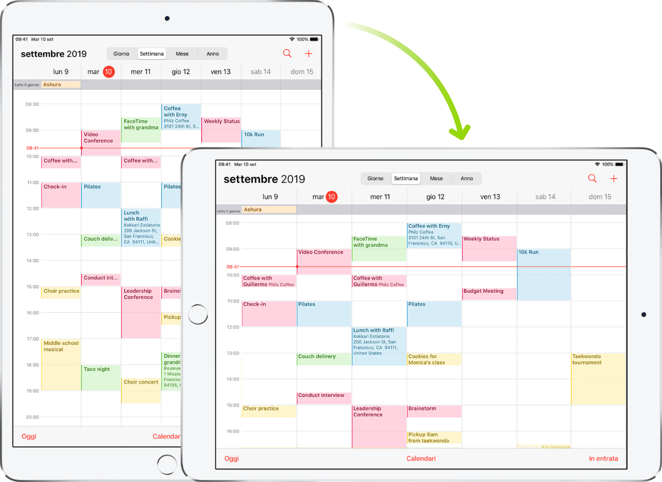 Sullo sfondo, iPad mostra una schermata di Calendario in orientamento verticale; in primo piano, iPad è ruotato e mostra la schermata di Calendario in orientamento orizzontale.