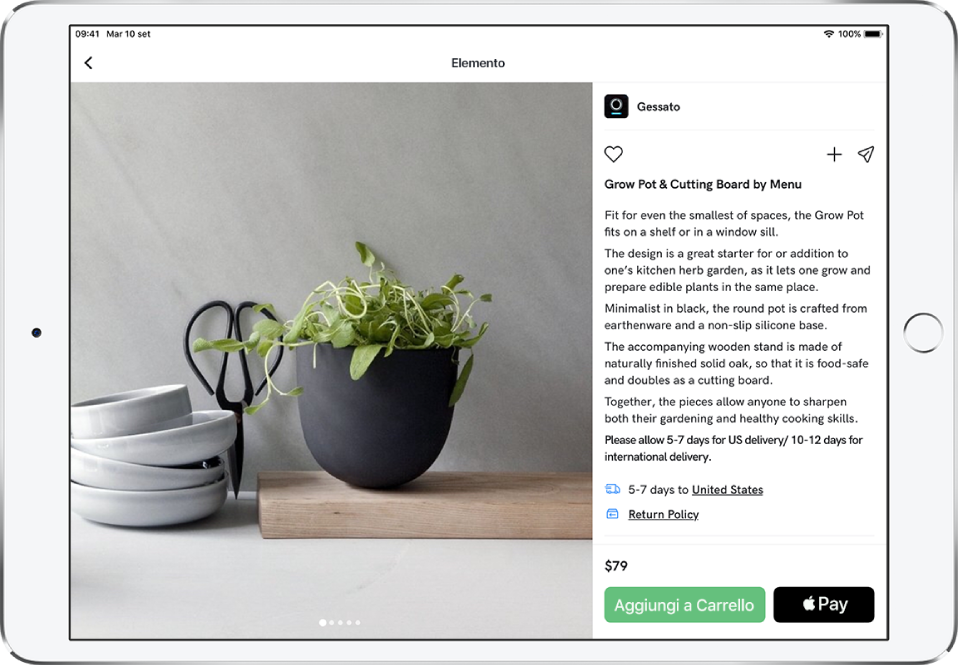 Un'app che mostra una pagina prodotto con il pulsante “Acquista con Apple Pay”.
