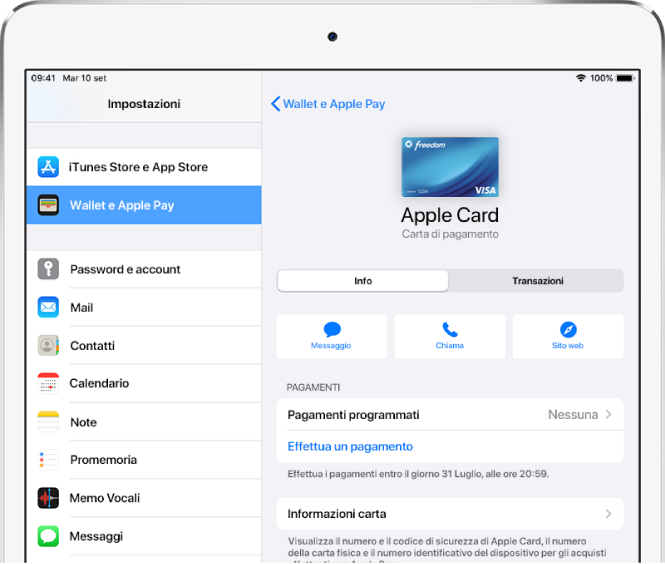 La schermata con i dettagli della carta Apple Cash, con il saldo visibile in alto a destra.