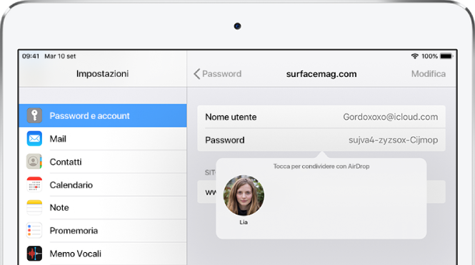 La schermata “Password e account” di un sito web. Un pulsante sotto il campo della password mostra un'immagine di Lia sotto all'istruzione “Tocca per condividere con AirDrop”.
